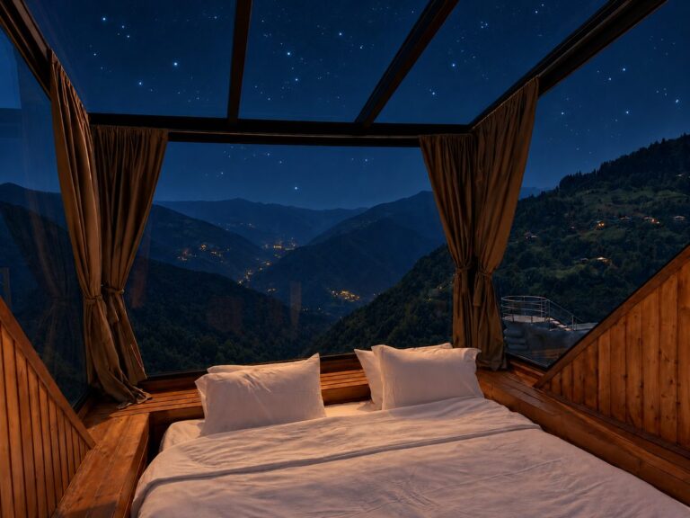 Bed under a glass roof with a starry sky and the Adjara mountains at night — Nika Hotel & Club