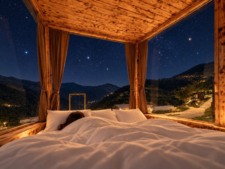 View from the bed in the glass cabin at night: starry sky and village lights in the Adjara mountains — Nika Hotel & Club